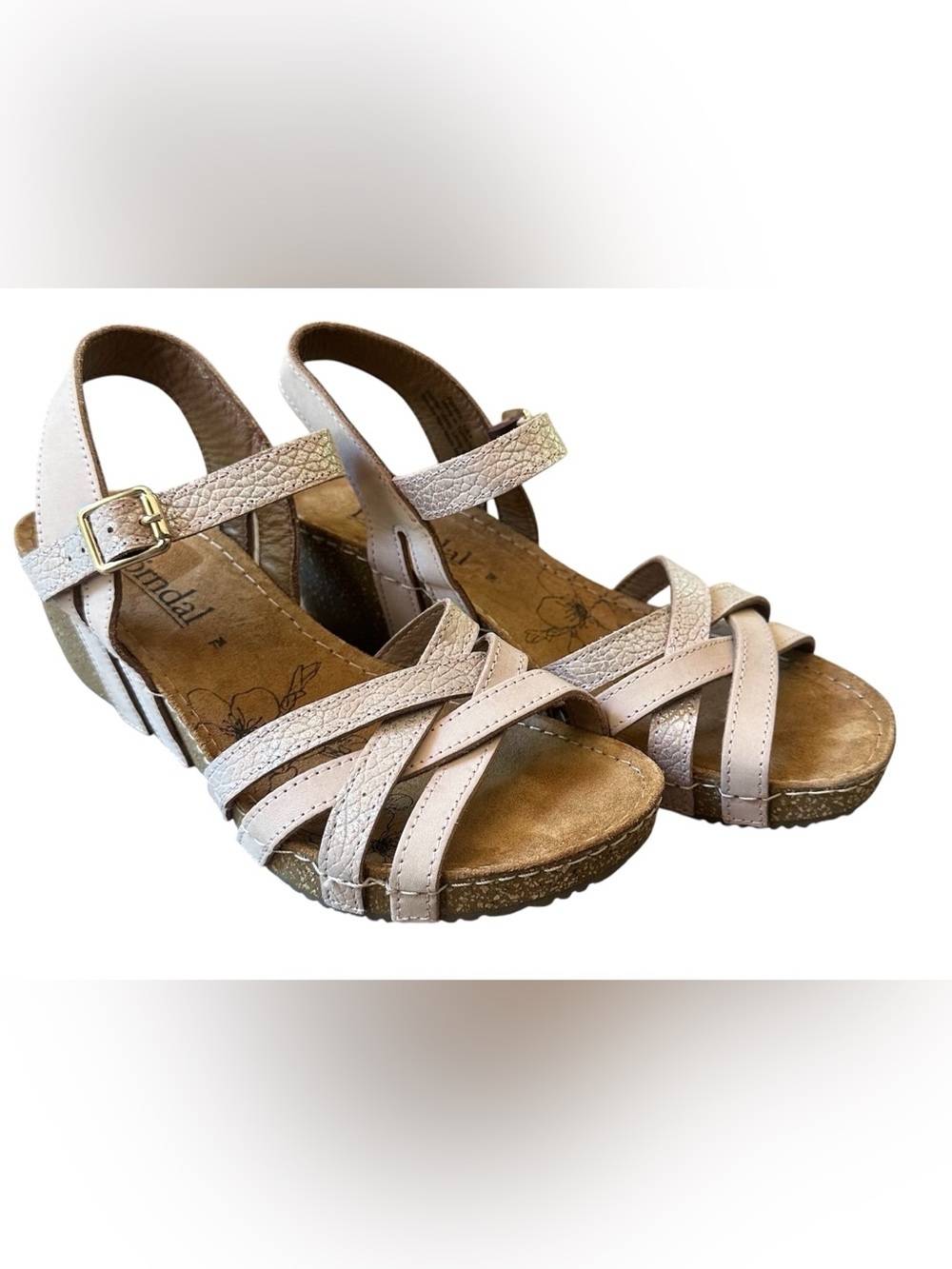 Bjorndal Leather Strappy Sandal Wedge Gold Cream Women’s Sz 7